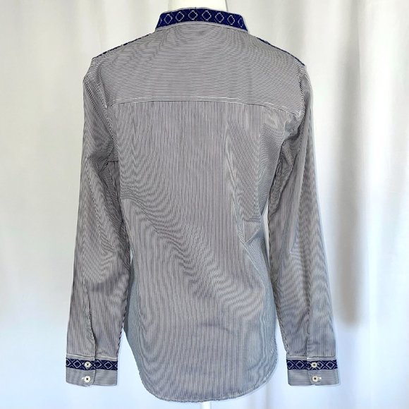 New C Wonder Embroidered Striped Collarless Button Down Shirt Indigo Size XS - Picture 7 of 16